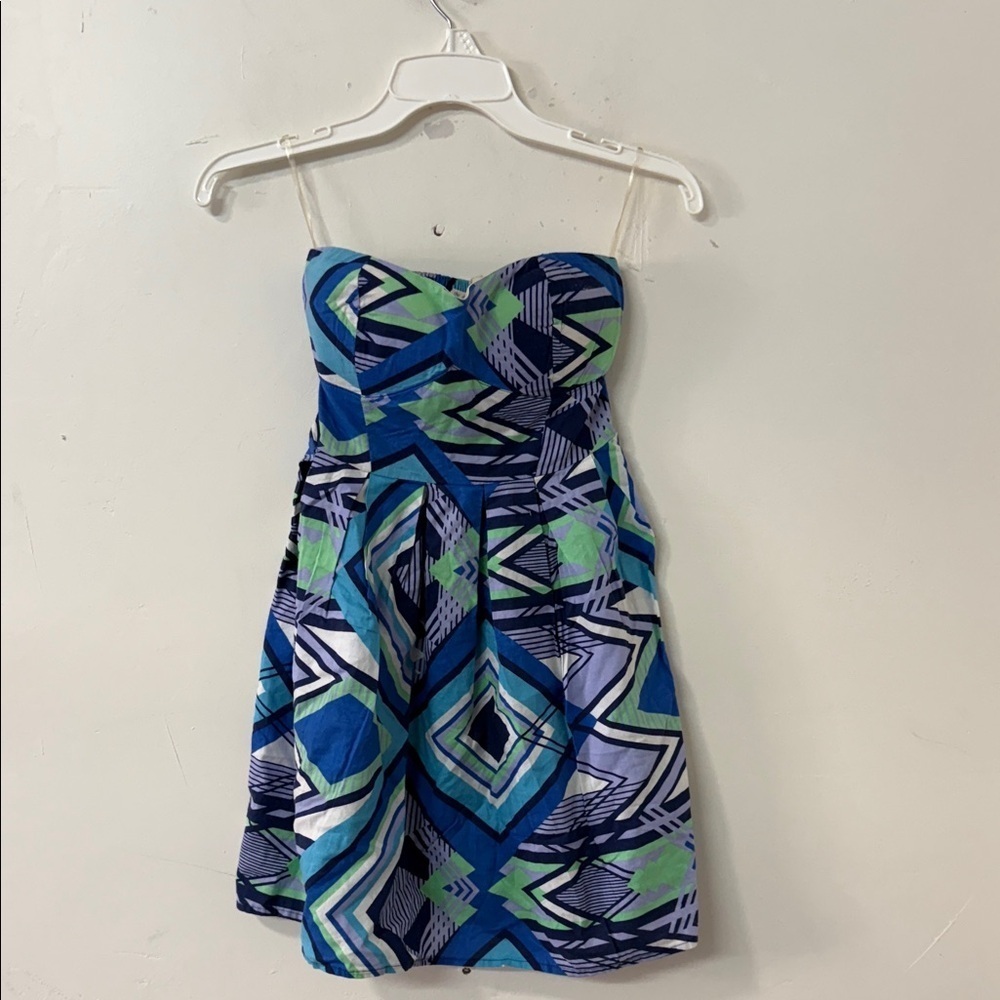 Derek Heart Strapless Dress in Blue and Green Geometric Pattern vintage y2k